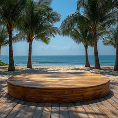 wooden circle podium on a beach with palm trees in the background for product presentation