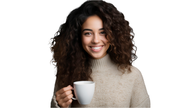 Portrait of a smiling young woman holding a cup of coffee and drinking coffee, isolated on transparent background - Powered by Adobe