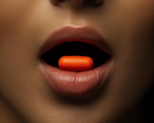 Naklejka premium Detailed view of a supplement tablet being placed on a tongue, ready to be swallowed, supplement, immune support boost