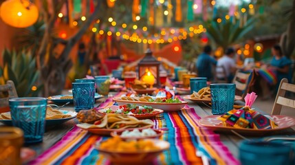 A vibrant Mexican dinner party, long table set with colorful plates and napkins, taco bar with various fillings, guests in festive clothing, warm lighting from lanterns,