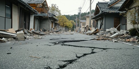 A photo shows the wide view after an earthquake in Japan, with houses collapsed, cracked, or damaged with cracks on their  walls