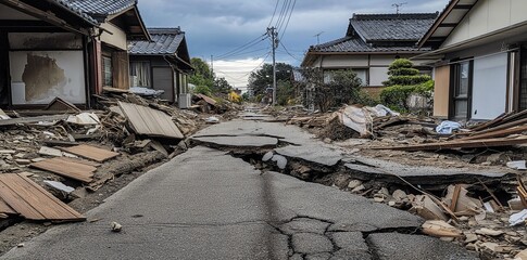 A photo shows the wide view after an earthquake in Japan, with houses collapsed, cracked, or damaged with cracks on their  walls