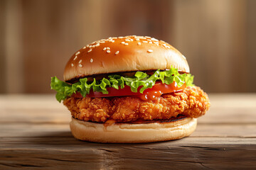 Close-Up of a Crispy Chicken Sandwich with Lettuce, Tomato, and Onion on a Sesame Bun
