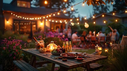 An evening backyard barbecue, picnic tables adorned with grilled food and salads, string lights illuminating the scene, guests laughing and chatting in casual clothes, cozy and relaxed atmosphere,