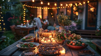 An evening backyard barbecue, picnic tables adorned with grilled food and salads, string lights illuminating the scene, guests laughing and chatting in casual clothes, cozy and relaxed atmosphere,
