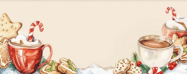 Christmas banner, Christmas cookies and hot cocoa border, empty center, Watercolor style
