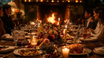 An intimate indoor dinner party by a roaring fireplace, rustic table settings with candles and floral arrangements, guests gathered around enjoying dinner, warm lighting creating a cozy atmosphere,