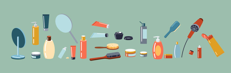 Beauty treatment products and accessories 2D cartoon objects set. Skincare treatment essentials flat line vector elements green background