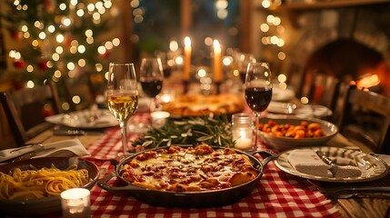 An intimate Italian dinner party, long table with red checkered tablecloths, a spread of pasta dishes and wine, guests enjoying a meal in a cozy setting, soft warm lighting,