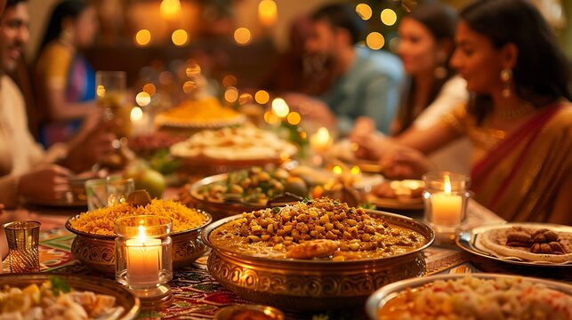 An intimate Indian-themed dinner party, table set with vibrant spices, colorful tablecloths, and traditional music playing, guests enjoying the meal in traditional attire, warm and inviting lighting,