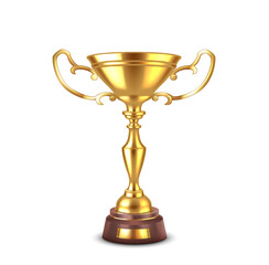 Vintage cup of shiny gold realistic vector illustration. Winner bowl with handles. Reward for best competitor 3d object on white background
