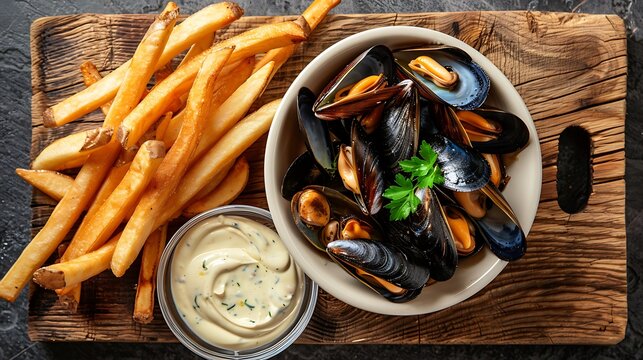 Delicious moules frites served with mussels in white wine and garlic paired with crispy French fries and garlic aioli presented on a rustic wooden board for a classic meal