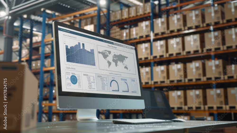 Poster A computer monitor displays a map of a warehouse with boxes stacked on shelves