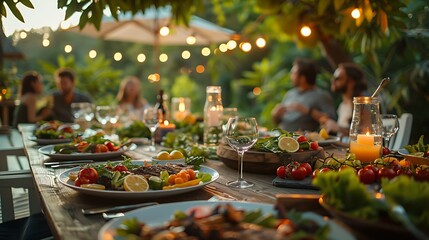An intimate summer evening dinner party, table set with fresh salads, grilled vegetables, and lemonade, guests in casual summer attire, warm and inviting lighting, lush garden background,