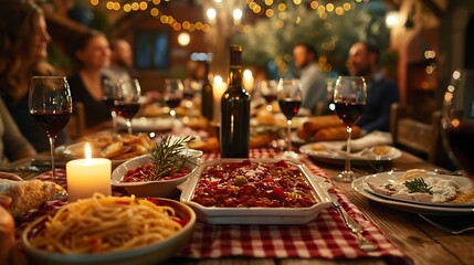 Fototapeta premium An Italian dinner party scene, long table covered with red checkered tablecloths, a variety of pasta dishes and wine bottles, guests in relaxed attire enjoying the meal, warm and inviting lighting,