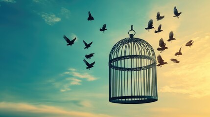 An empty birdcage with birds flying away, representing the release from captivity into the vast, open sky.