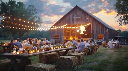 An outdoor barn dinner party, table set with hearty dishes and mason jars, guests sitting on hay bales, warm evening light, rustic barn backdrop with wooden beams and string lights,