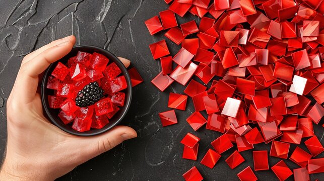  A person holding red cubes in one bowl and black raspberries in another