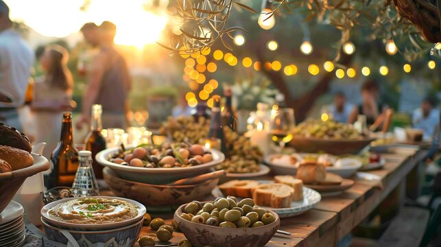 An outdoor Mediterranean-themed dinner party, table adorned with bowls of olives, plates of hummus, and freshly baked bread, guests in casual attire enjoying the evening, warm ambient lighting,