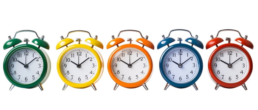Colorful Alarm Clocks Set Isolated on Black Background