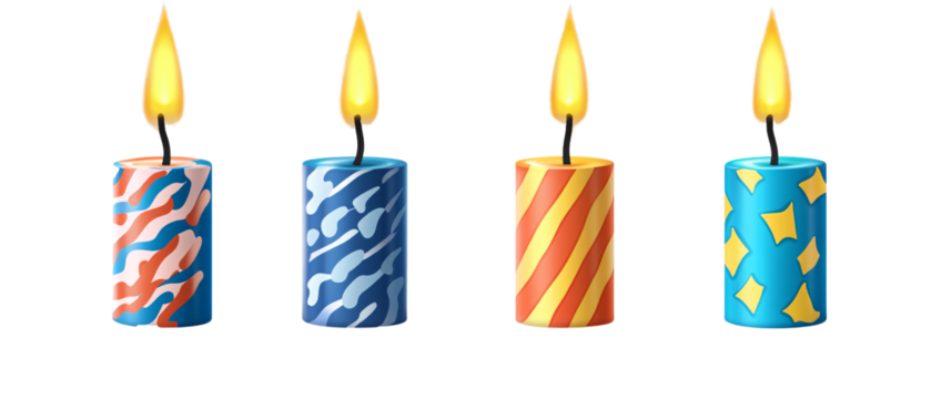 Four Colorful Birthday Candles with Flames Burning Brightly