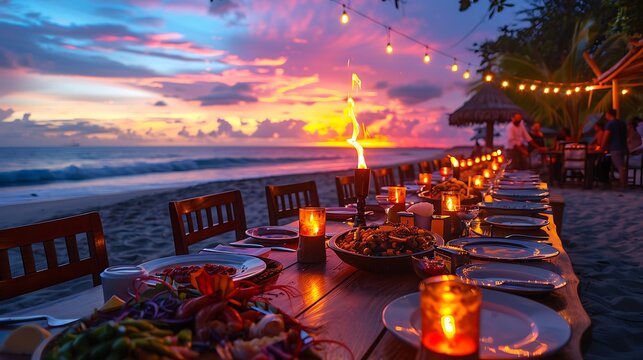 A beachside dinner party at sunset, long table set with seafood dishes and tiki torches, guests enjoying a meal by the ocean, vibrant sunset colors in the sky, sandy beach and waves in the background,