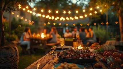 A casual backyard barbecue party, picnic tables set with grilled food and drinks, string lights overhead creating a warm glow, guests in casual clothes enjoying the night,