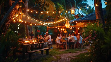 A casual backyard barbecue party, picnic tables set with grilled food and drinks, string lights overhead creating a warm glow, guests in casual clothes enjoying the night,