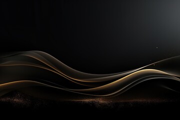 Abstract black background with golden waves and sparkle.