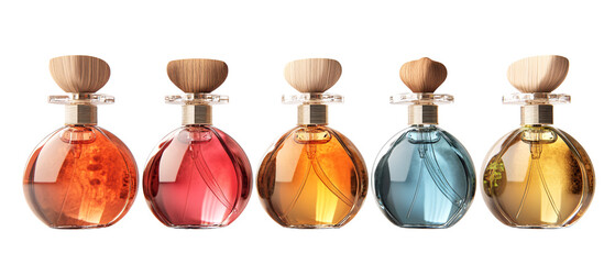 Row of Five Colorful Perfume Bottles With Wooden Caps
