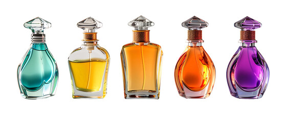 Five Colorful Perfume Bottles Isolated on Black Background