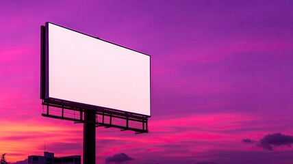 Fototapeta premium Blank billboard against vibrant pink sunset sky, Empty billboard with a white screen standing against a striking pink and purple sunset, ideal for advertising concepts or outdoor campaigns. 