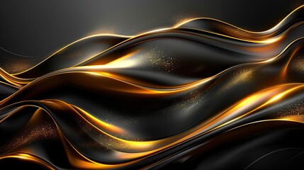 Abstract black and gold waves with glowing edges and shimmering particles.