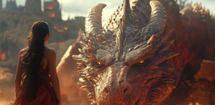 A huge angry spiked dragon roars in rage at a girl with a magic medallion, who slowly gracefully approaches him on tiptoe along the tree root,