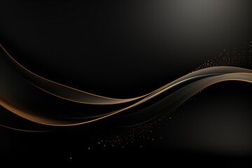 Abstract black background with golden waves and sparkles.