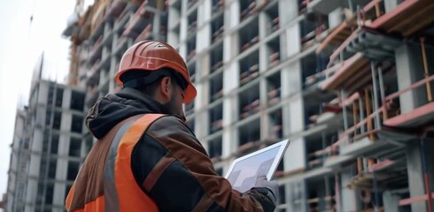 Construction workers on site, the engineer holding a tablet is standing there supervising the construction