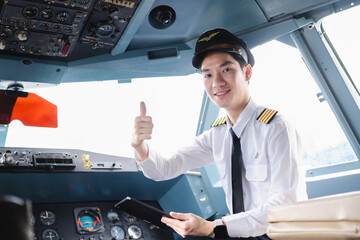 Portrait of a trained airplane captain in uniform preparing to fly in a simulator cockpit. © NINENII