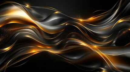 Abstract black and gold waves with glowing lines and sparkles.