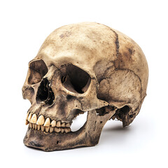 Skull, white background, traces of biological civilization