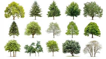 Array of diverse trees displayed separately on a white background, illustrating various types and sizes.