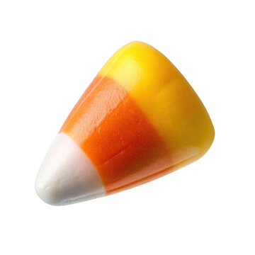 Vibrant candy corn piece in yellow, orange, and white, perfect for Halloween festivities. Classic sweet treat. Isolated on transparent background, png.