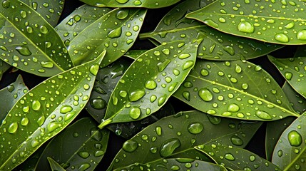 Fototapeta premium A clear shot of lush green foliage with water droplets glistening under the bright sun against a stunning blue backdrop
