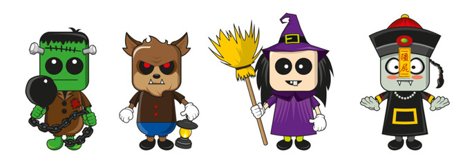 Obraz premium Set of cartoon halloween costume characters. Vector cartoon set of spooky magic creatures.