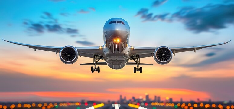 Airplane taking off from the runway at sunset.  Concept of travel, transportation, and freedom.