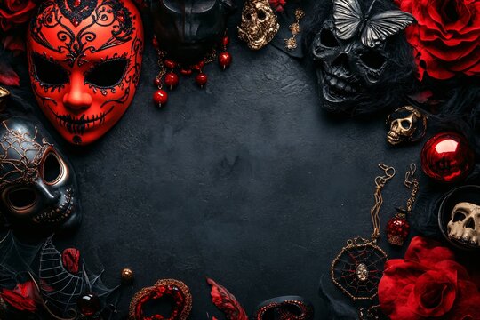 Elegant masquerade masks and gothic accessories on dark background with copy space, perfect for Halloween invitations and mysterious themed designs