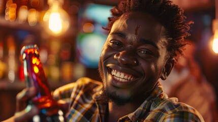 Obraz premium A man with a beard and dreadlocks is smiling and holding a bottle of beer