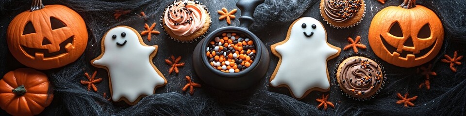 Halloween treats assortment with spooky cupcakes, cookies, and candies for festive party dessert table or seasonal bakery display