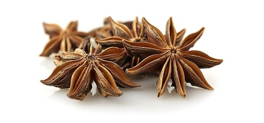 Close up of star anise pods, a popular spice used in Asian cuisine. The pods are brown and have a star shape.