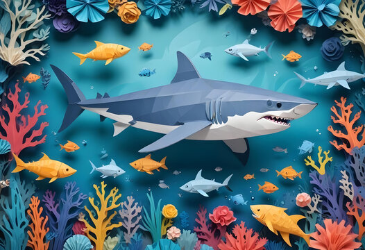 A Papercraft of vibrant underwater scene dominated by a shark in the middle swimming among colorful coral - Powered by Adobe