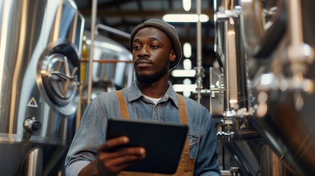 A man wearing a hat and apron is looking at a tablet